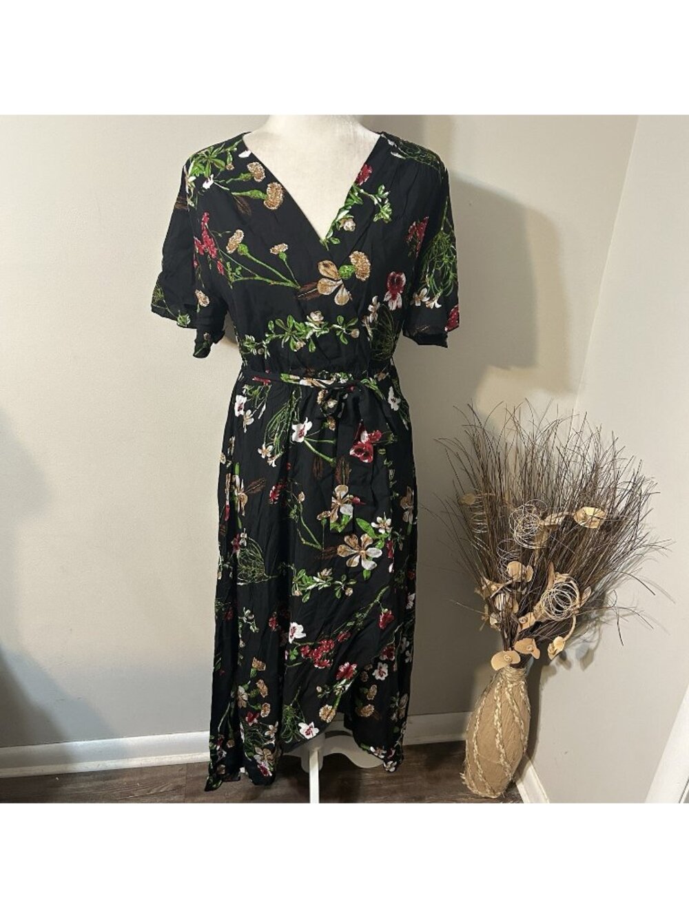Unbranded Women Black Green Floral Faux Wrap Hi Low Maxi Dress V-neck Boho Sz L
